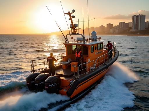 KZN Shark Board boat checking shark nets with crew members working off Durban coast