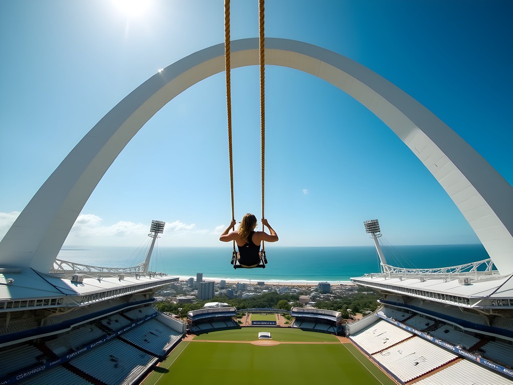 Person on Big Swing free-falling from Moses Mabhida Stadium arch with Durban cityscape below
