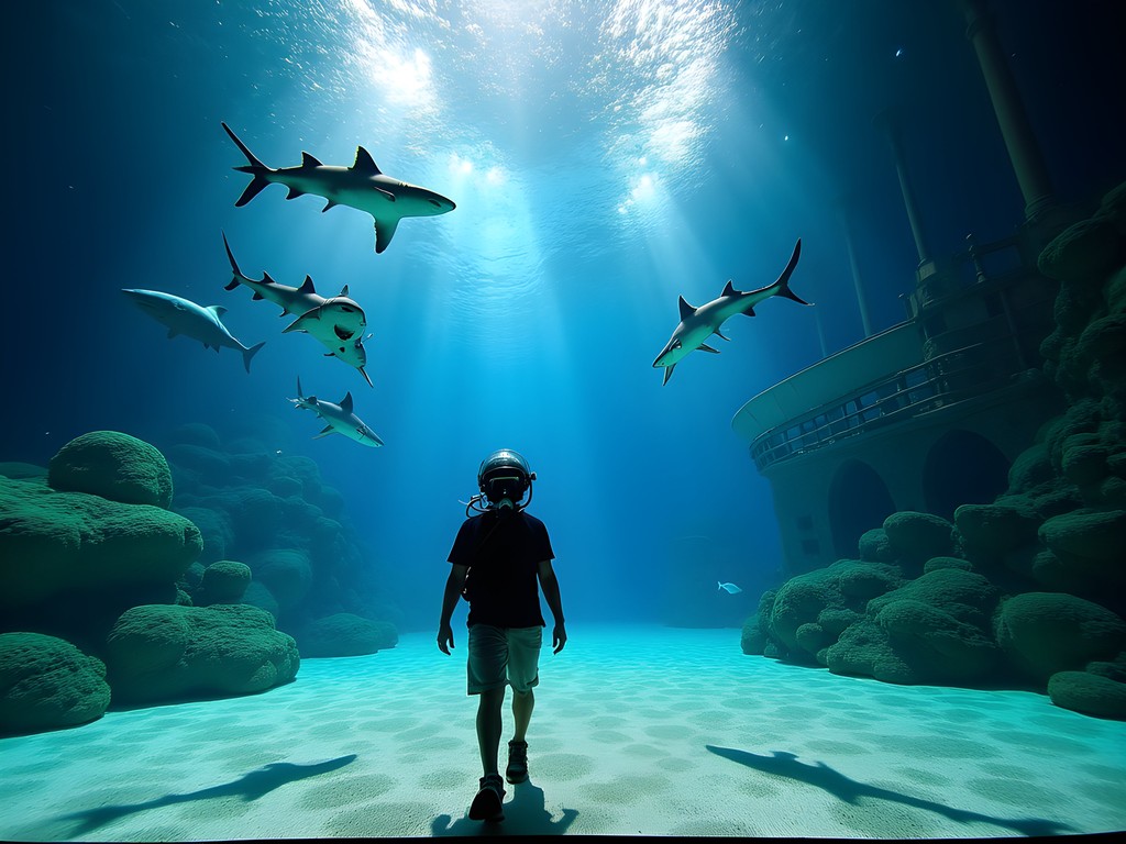 Woman with diving helmet walking on tank floor surrounded by sharks at uShaka Marine World