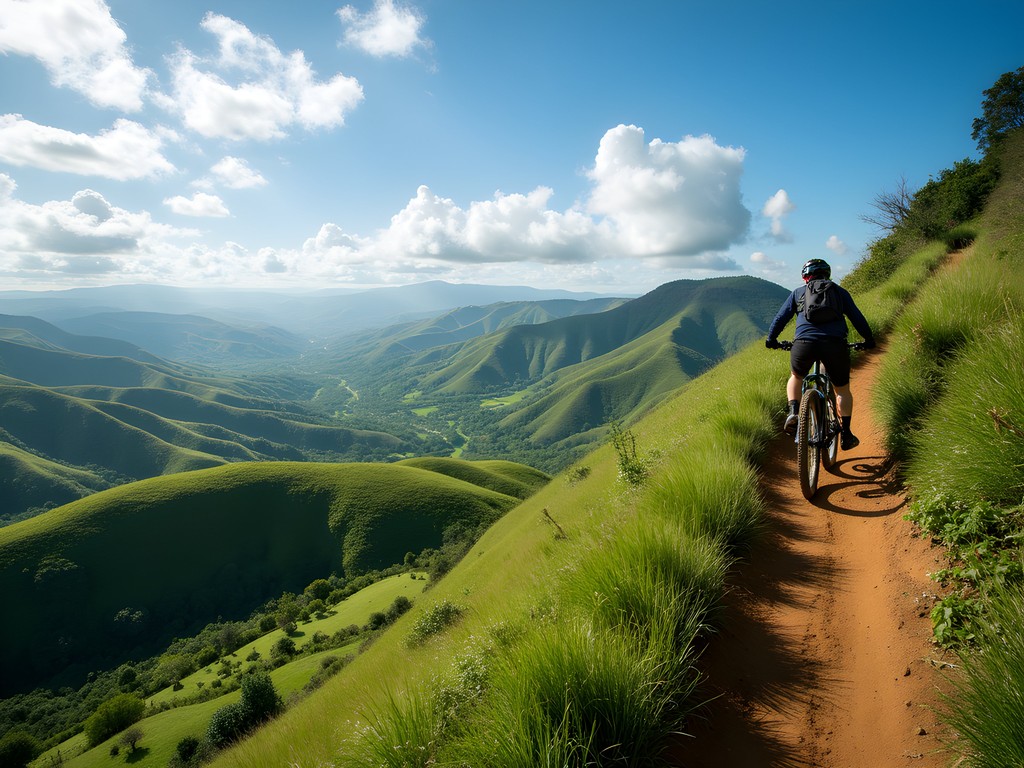 Woman mountain biking on ridge trail overlooking Valley of a Thousand Hills near Durban