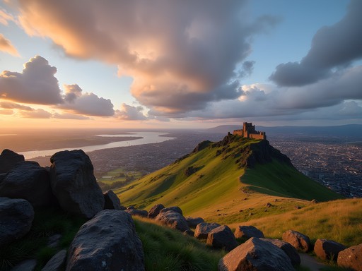 Panoramic view from Arthur's Seat summit overlooking Edinburgh city and Firth of Forth