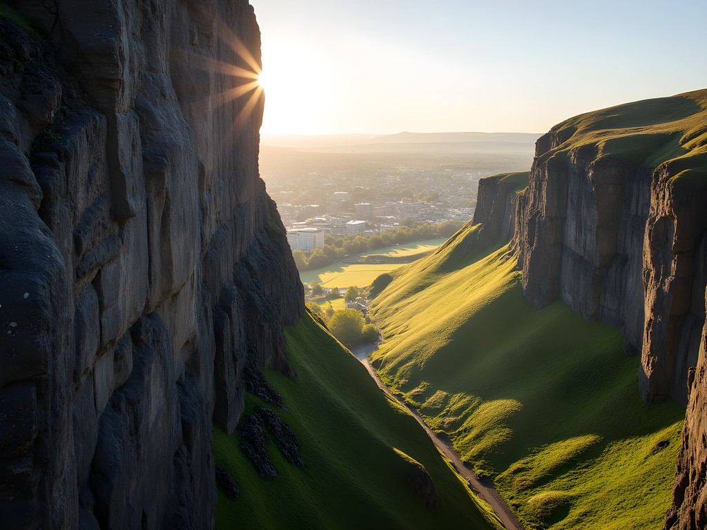 Rock climber on Salisbury Crags with Edinburgh cityscape in background