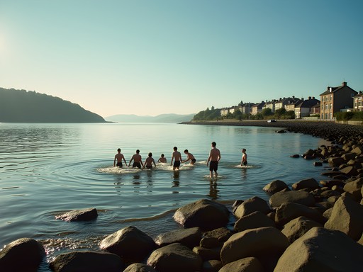 Wild swimmers entering the calm waters of Wardie Bay in Edinburgh during summer