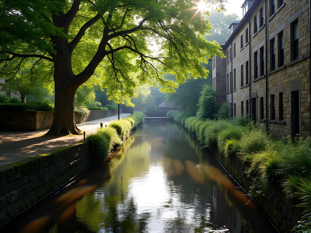 Trail runner on Water of Leith walkway passing through Dean Village in Edinburgh