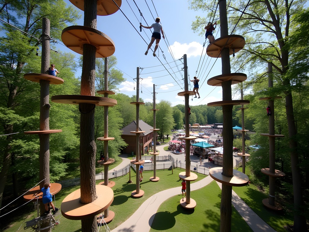 Aerial ropes course with participants navigating obstacles high above ground