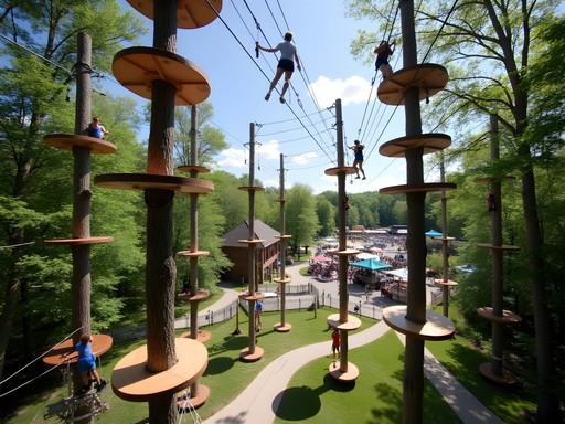 Aerial ropes course with participants navigating obstacles high above ground