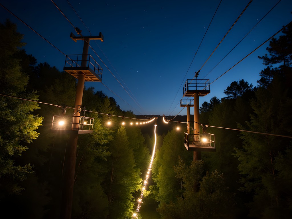 Nighttime zip-lining course with illuminated platforms and lines through forest canopy