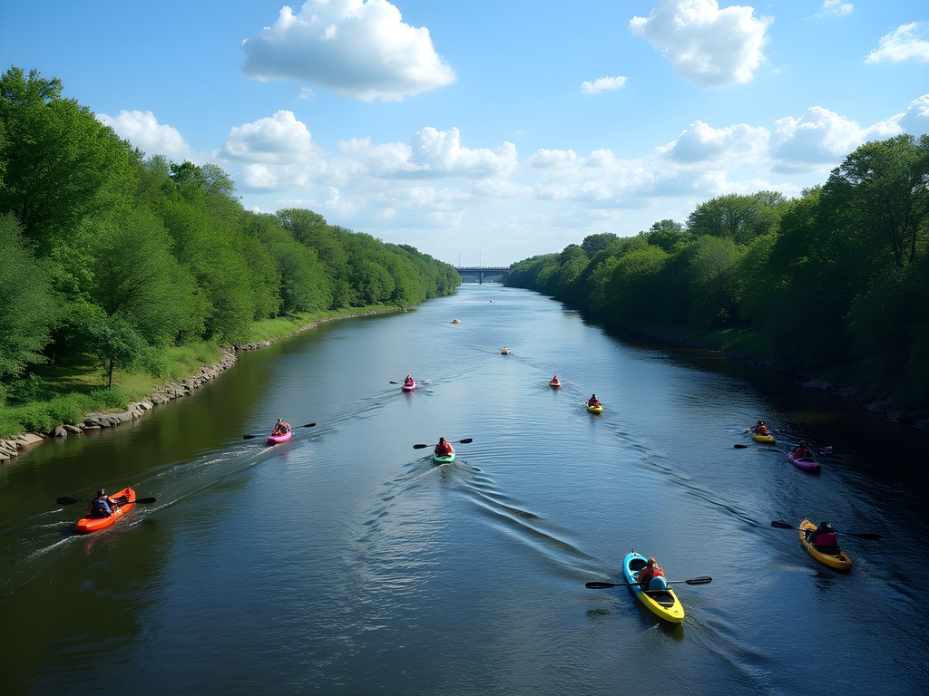 Group kayaking on Raritan River in Edison with greenery on shores