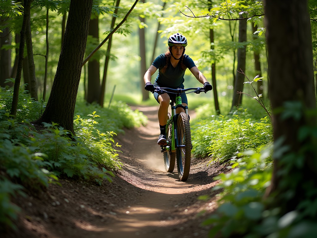 Wooded mountain biking trail in Roosevelt Park Edison with riders navigating terrain