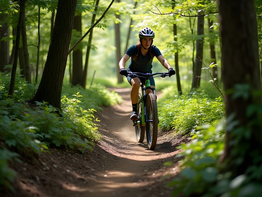 Wooded mountain biking trail in Roosevelt Park Edison with riders navigating terrain