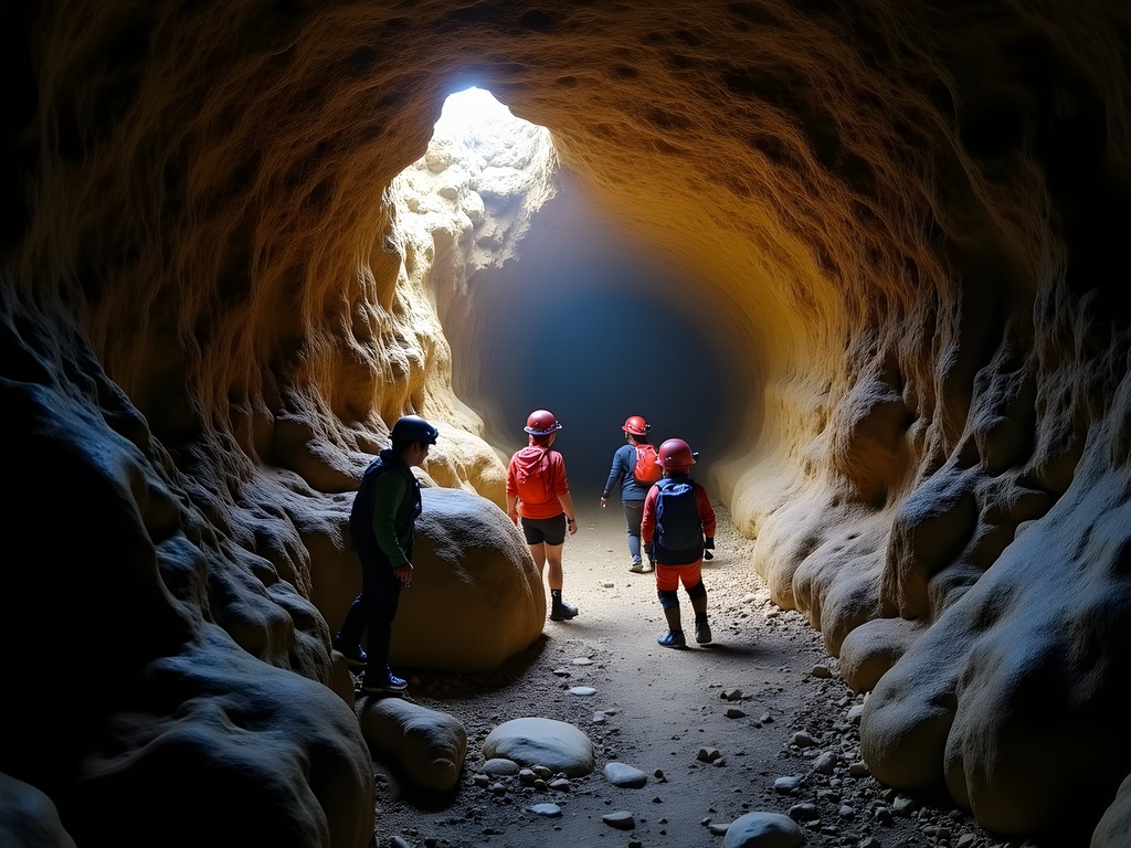 Small cave system exploration with guided group using headlamps in narrow passage