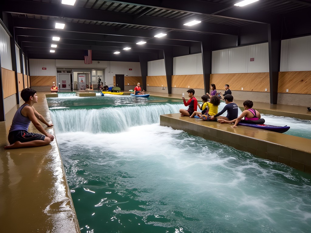 Indoor whitewater kayaking simulation facility with engineered wave features