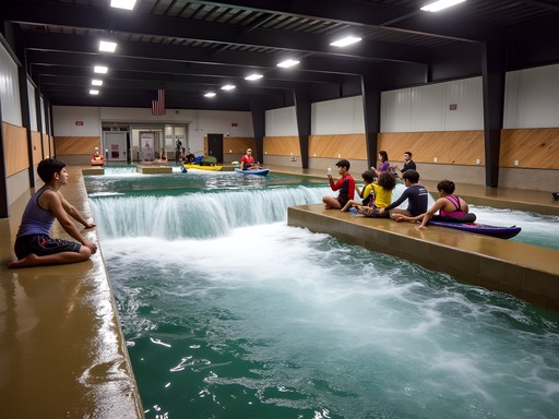 Indoor whitewater kayaking simulation facility with engineered wave features