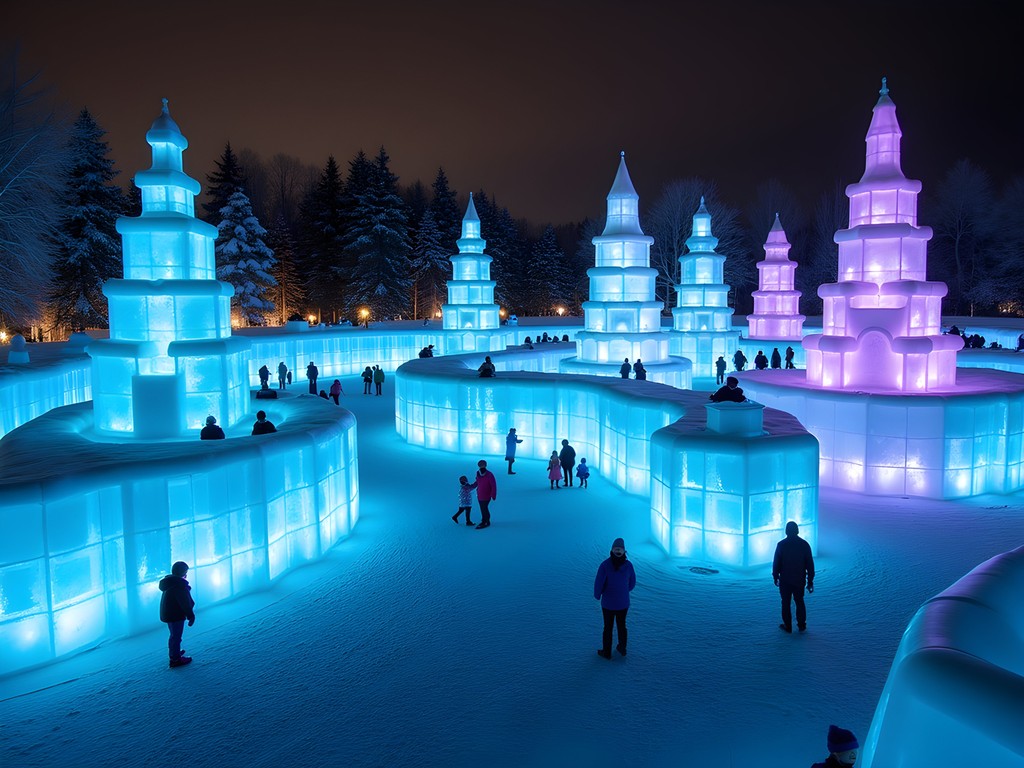 Family exploring illuminated ice castle tunnels in Edmonton's Hawrelak Park