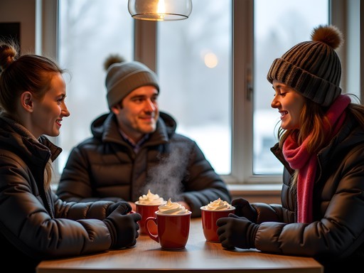 Family warming up with hot chocolate in Edmonton cafe with winter gear scattered around table