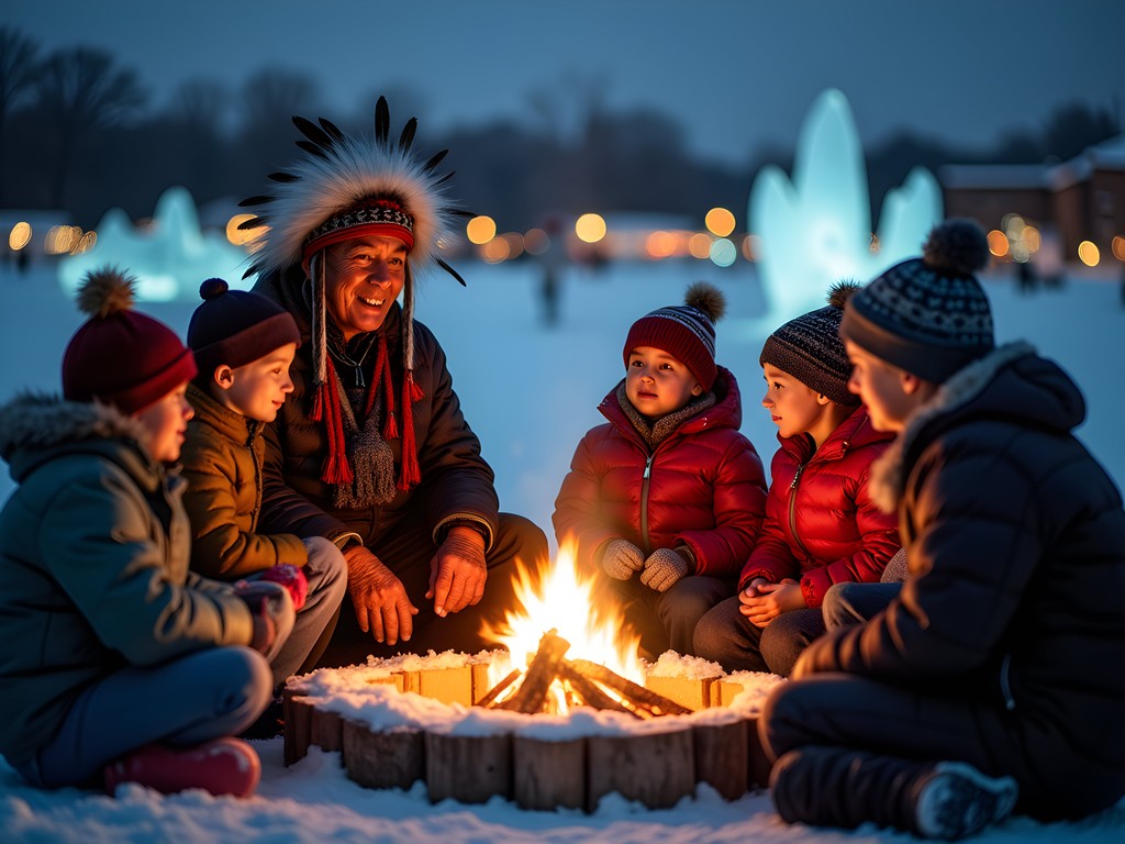 Indigenous elder sharing winter stories with families around fire at Edmonton winter festival