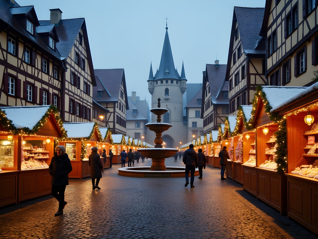 Rothenburg Christmas market during light snowfall with medieval buildings and twinkling lights
