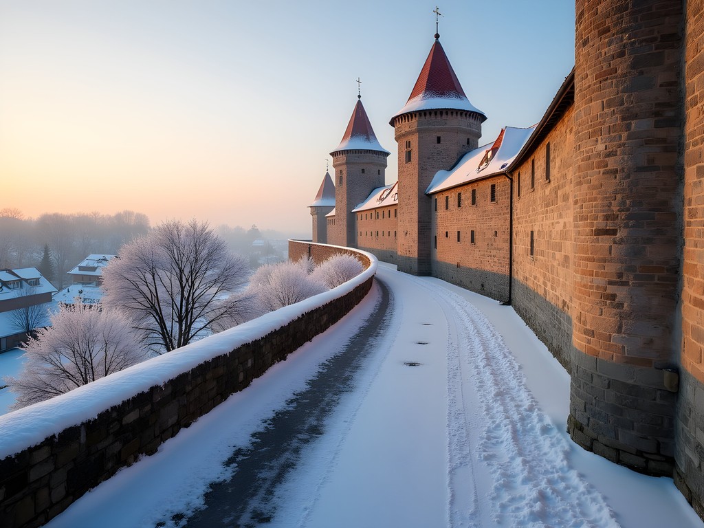 Snow-covered medieval walls and towers of Rothenburg at dawn with warm golden light