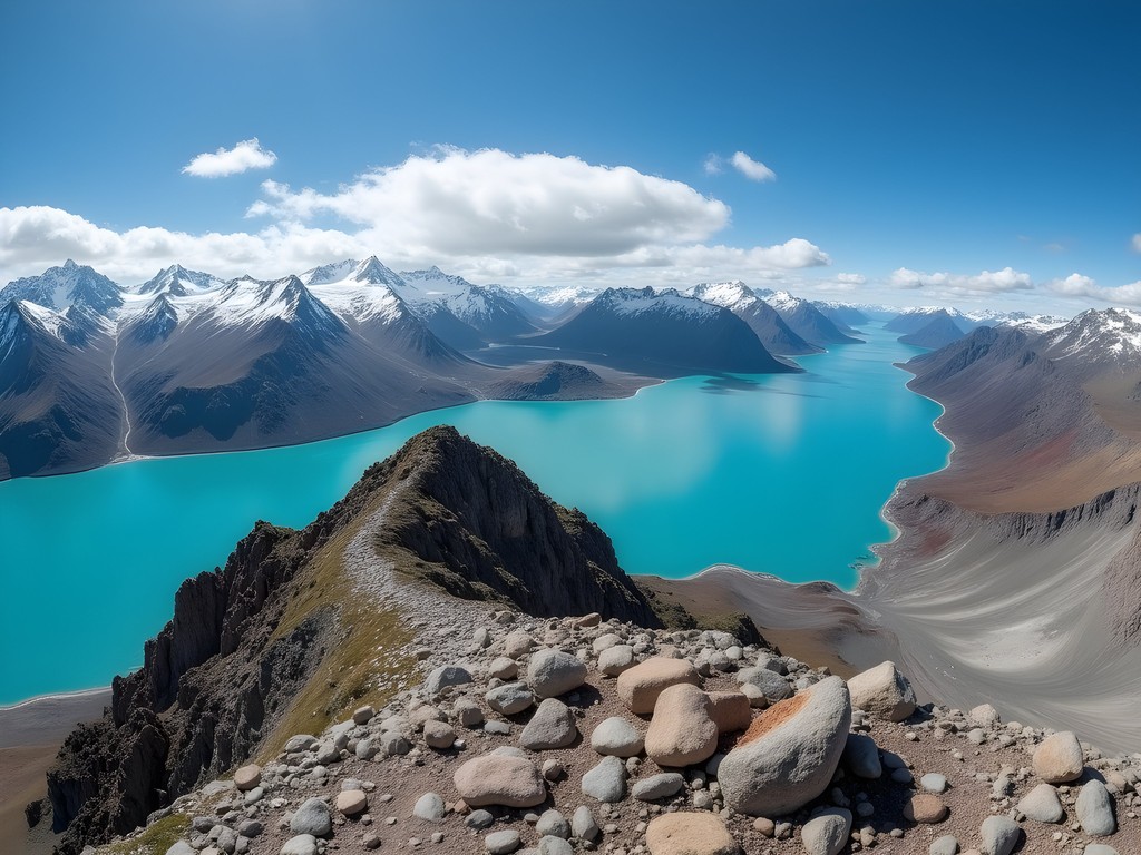 Panoramic view from Cerro Cristal summit showing Lago Argentino and distant glaciers