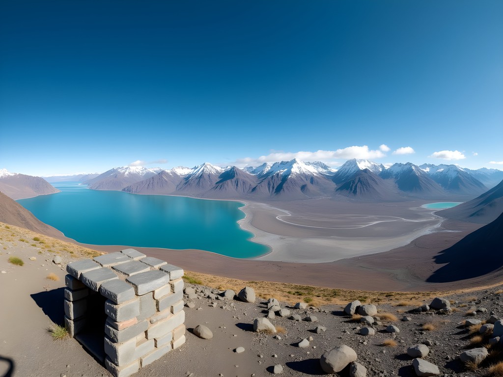360-degree panoramic view from Cerro Frías summit showing lakes, mountains and Patagonian steppe