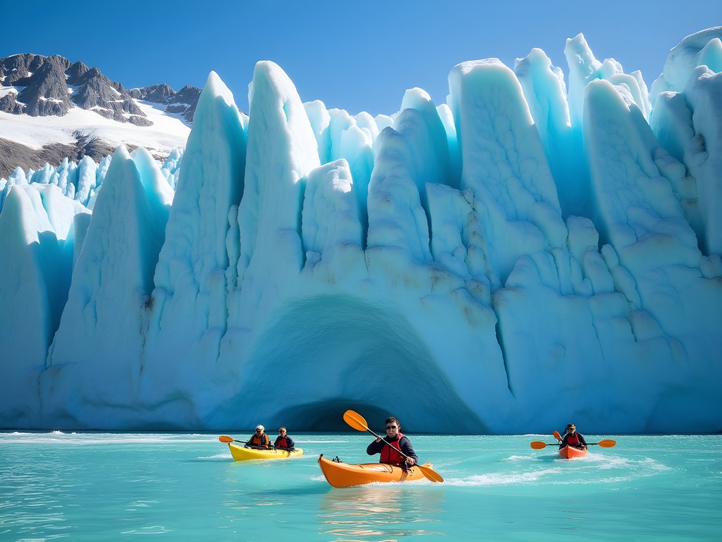 Kayakers paddling near massive blue ice wall of glacier in Lago Argentino