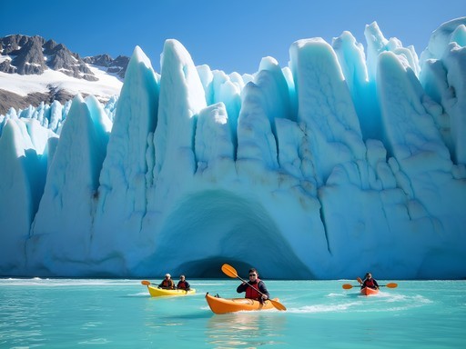 Kayakers paddling near massive blue ice wall of glacier in Lago Argentino