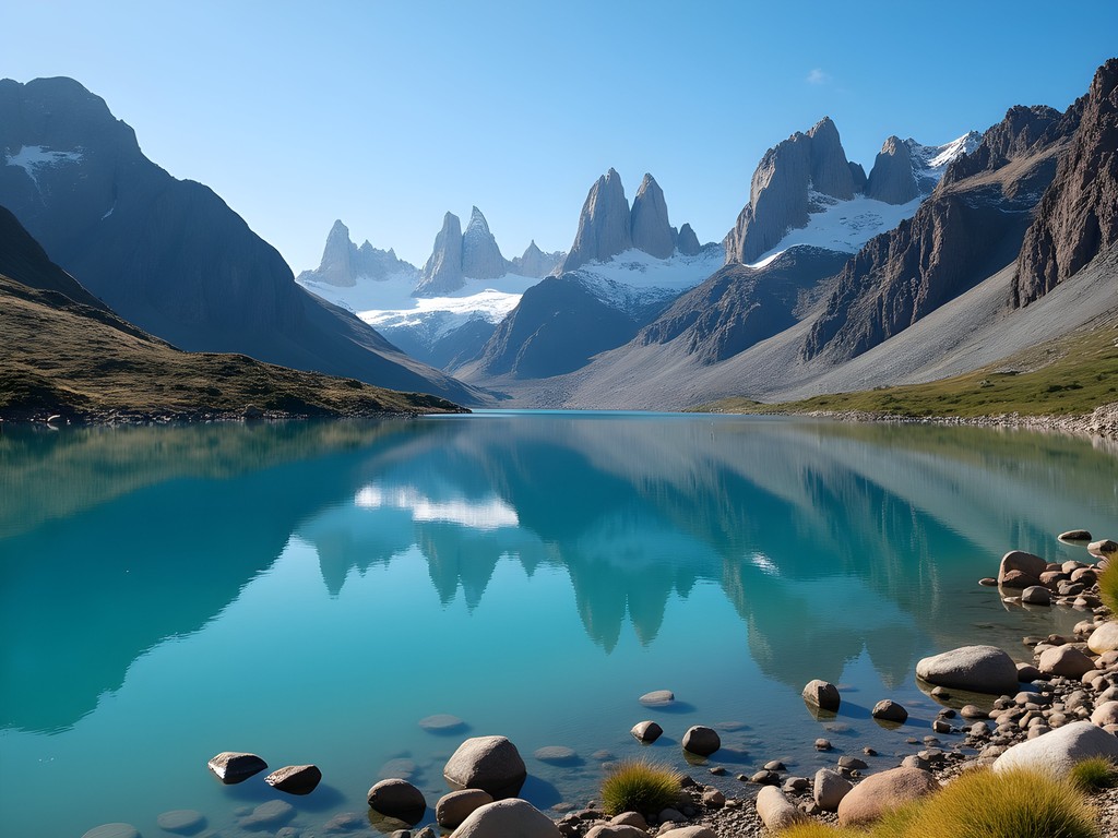 Perfect reflection of mountains in turquoise alpine lake on Los Glaciares Hidden Lakes Circuit