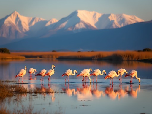Pink flamingos feeding in Laguna Nimez with snow-capped mountains in background
