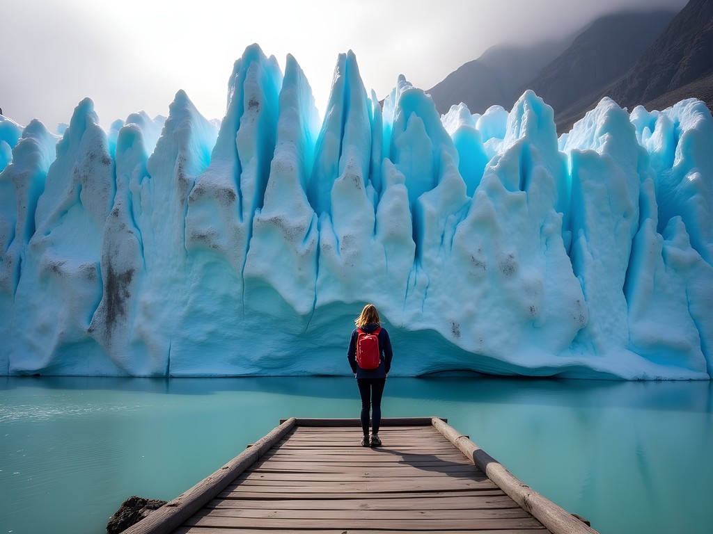 Stunning blue ice formations of Perito Moreno Glacier viewed from balcony trail