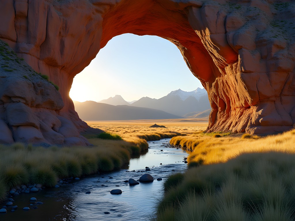 Natural stone arch formation in Rio Mitre Valley with dramatic Patagonian landscape