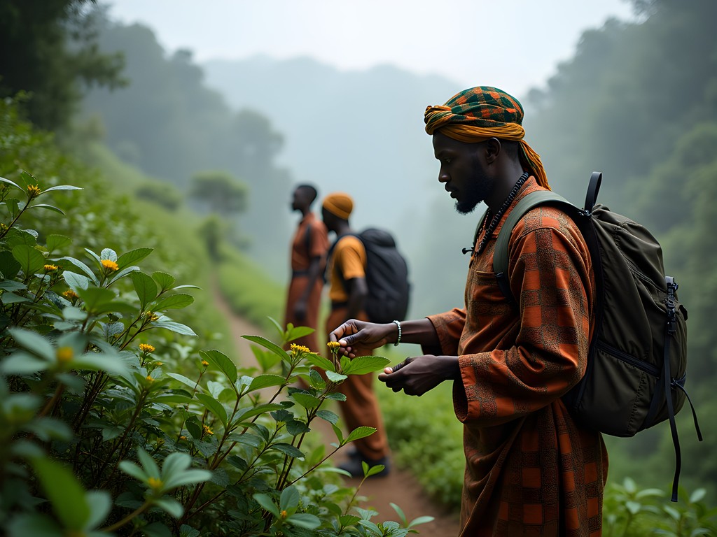 Local guide showing medicinal plants to trekkers in Cherangani Hills near Eldoret