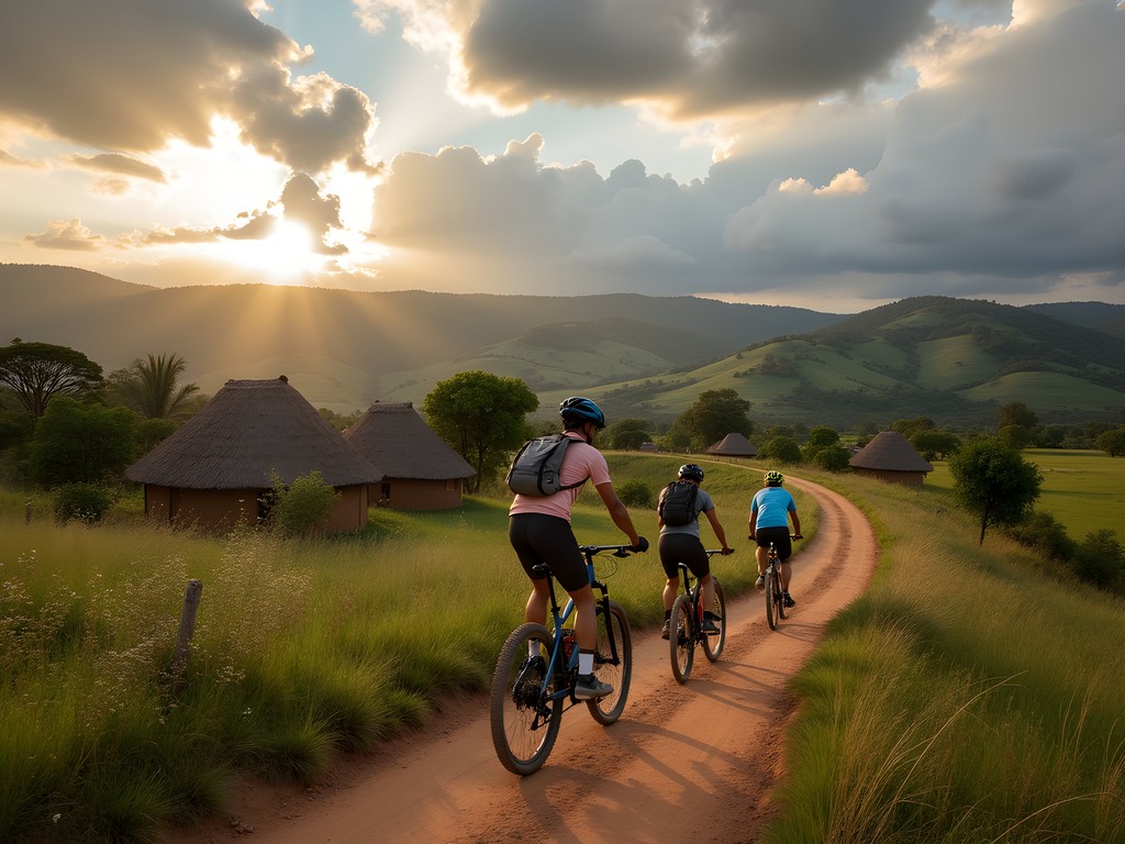 Mountain bikers on rural trail passing traditional Kalenjin village near Eldoret