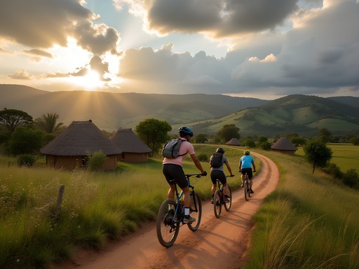 Mountain bikers on rural trail passing traditional Kalenjin village near Eldoret
