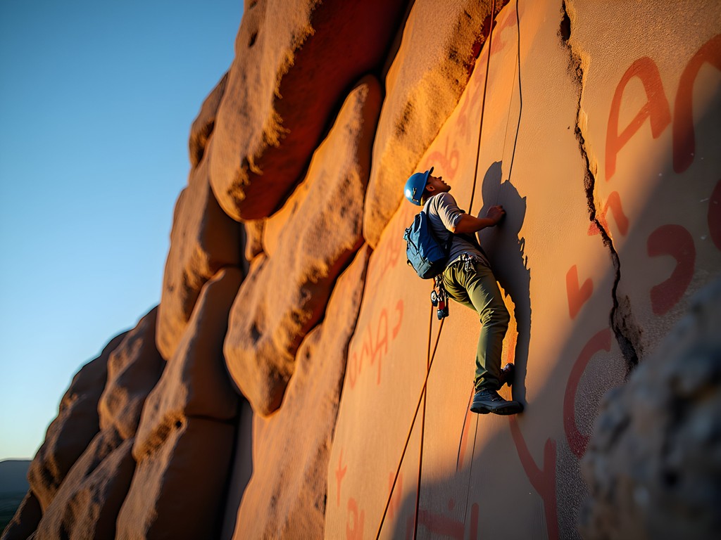 Rock climber ascending Koibatek formation with visible ancient pictographs near Eldoret