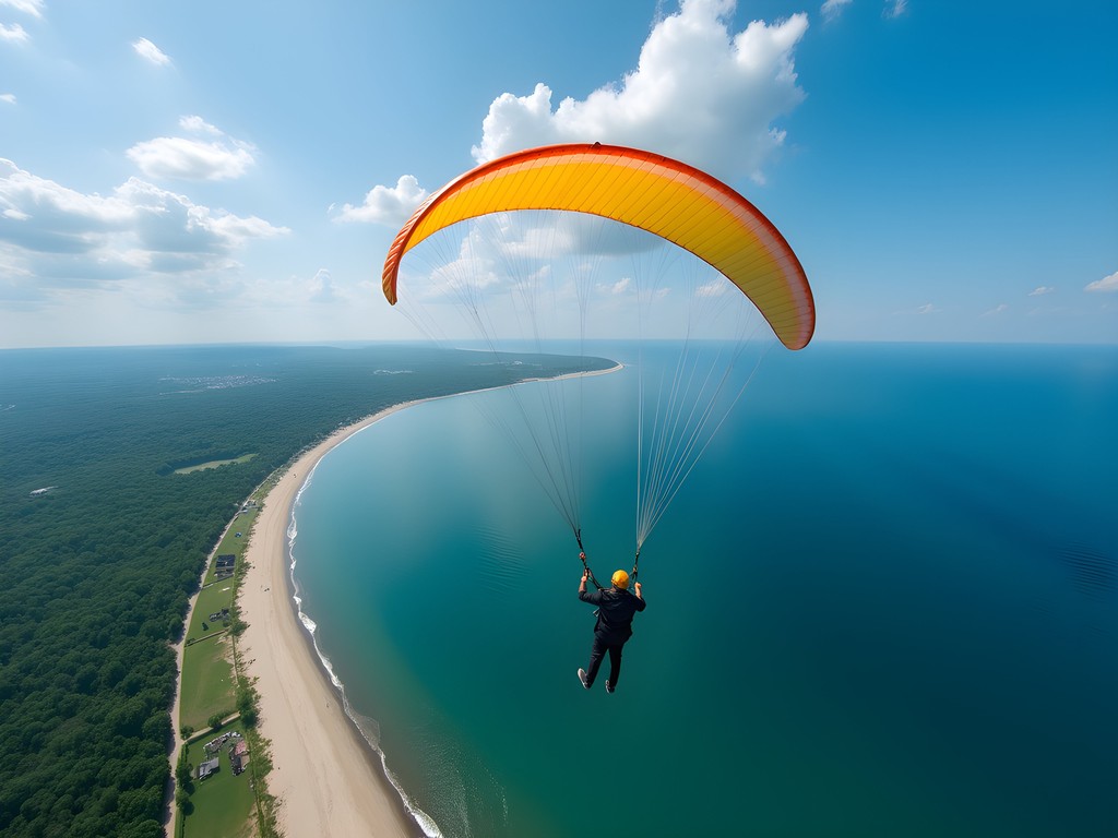 Paragliding over Lake Erie with Presque Isle peninsula visible below