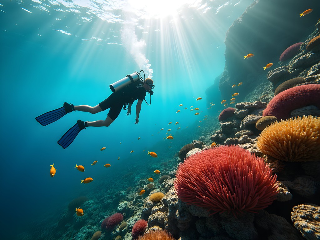 Diver exploring vibrant coral formations with tropical fish in Fernando de Noronha