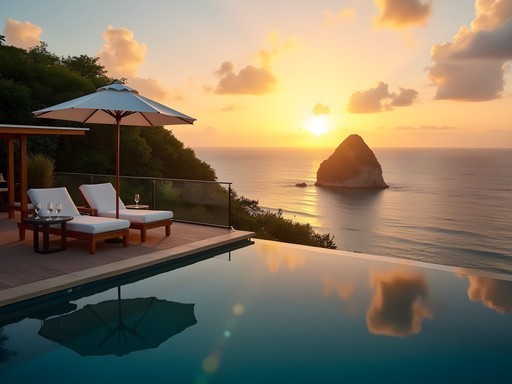 Infinity pool at luxury pousada overlooking Fernando de Noronha's coastline at sunset