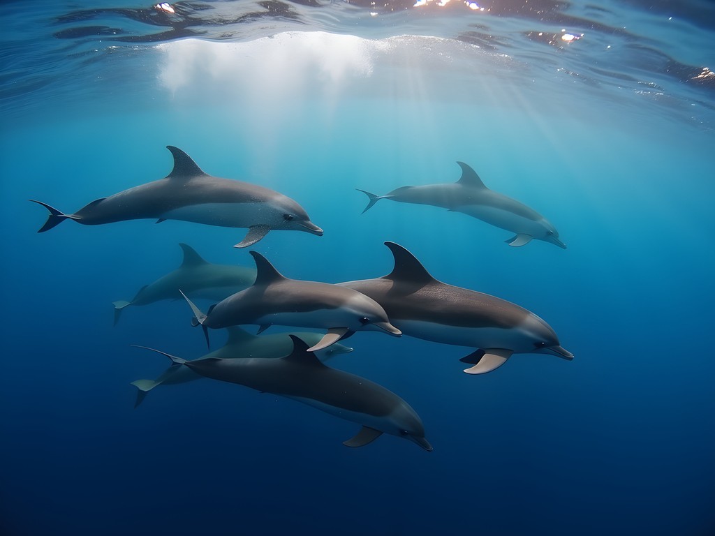 Pod of spinner dolphins swimming in the clear waters of Fernando de Noronha