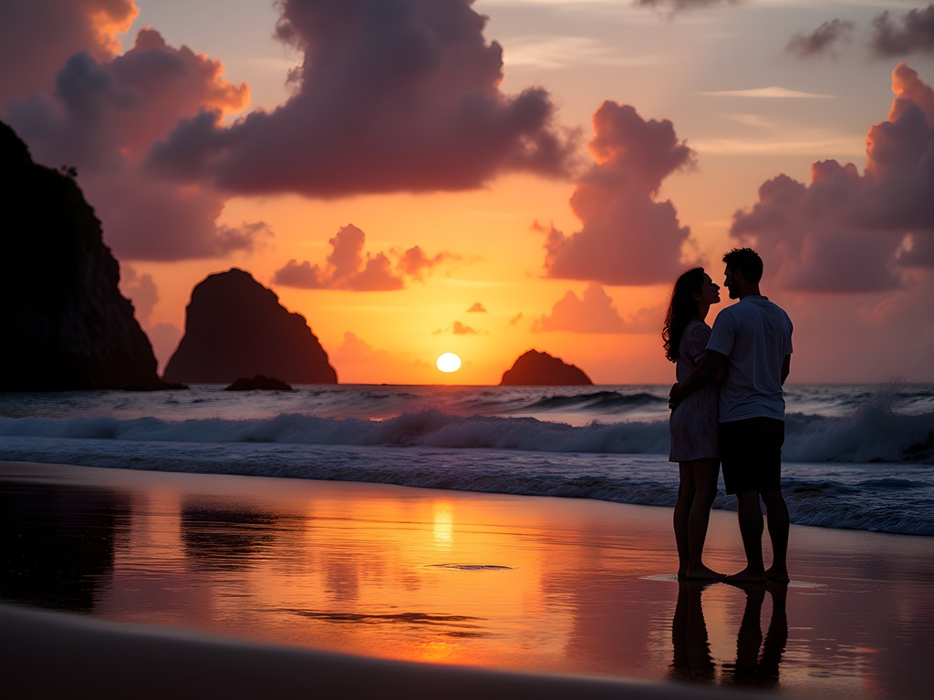 Couple watching spectacular sunset over Fernando de Noronha's dramatic coastal landscape with vibrant orange and purple skies