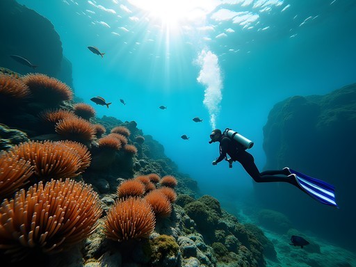 Diver exploring vibrant coral formations with sea turtles and tropical fish in Fernando de Noronha's clear waters