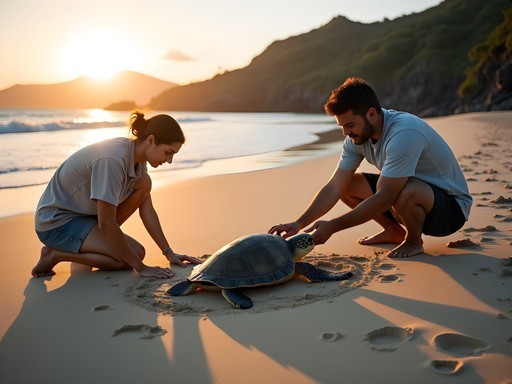 Marine biologist monitoring green sea turtle nesting site on Fernando de Noronha beach at dawn