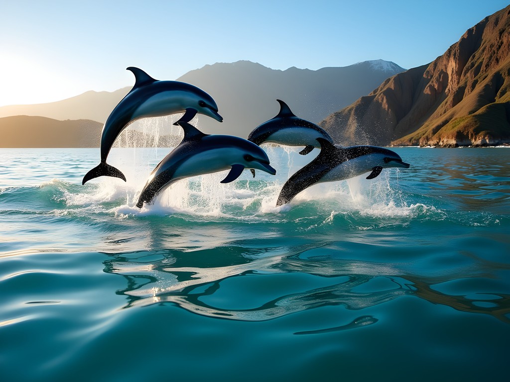 Pod of spinner dolphins leaping and playing in the turquoise waters off Fernando de Noronha