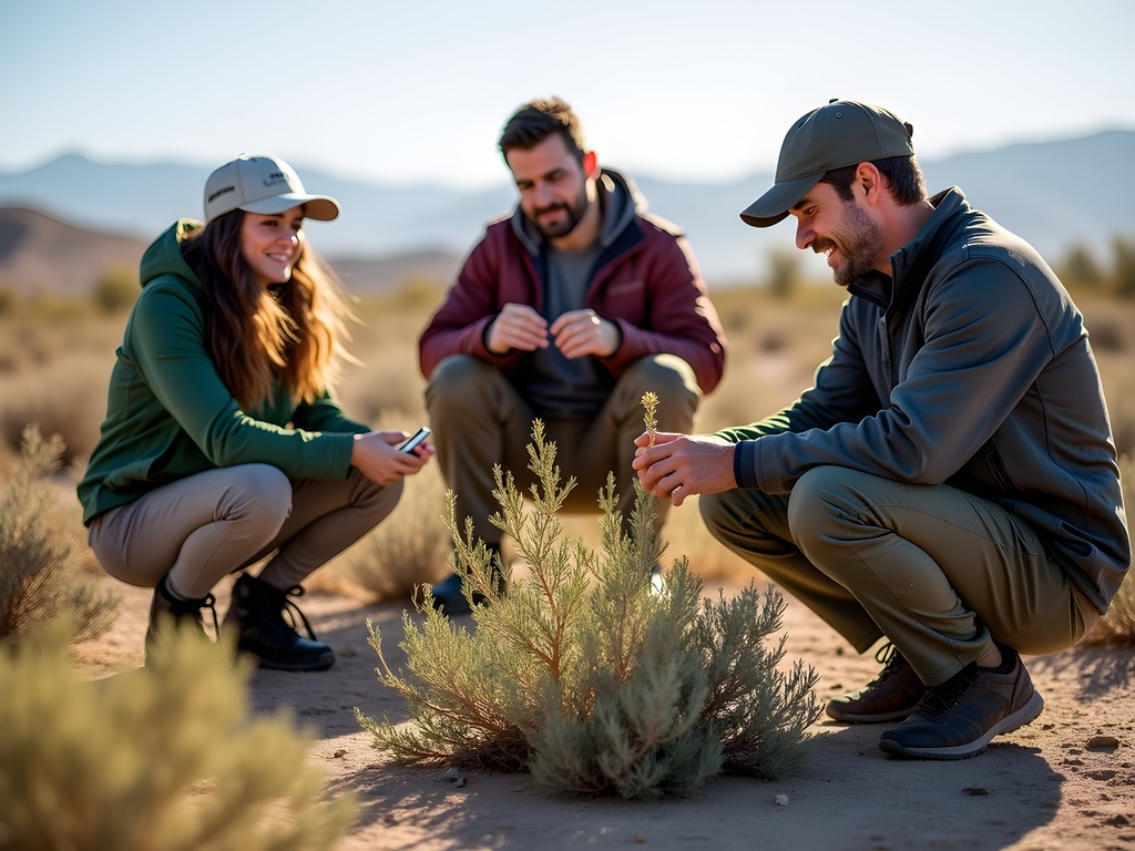 Desert survival workshop participants learning to identify edible plants near Fernley