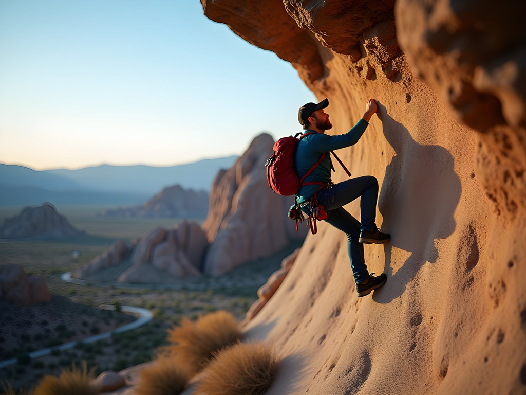 Rock climber scaling basalt columns in Eagle Canyon near Fernley, Nevada