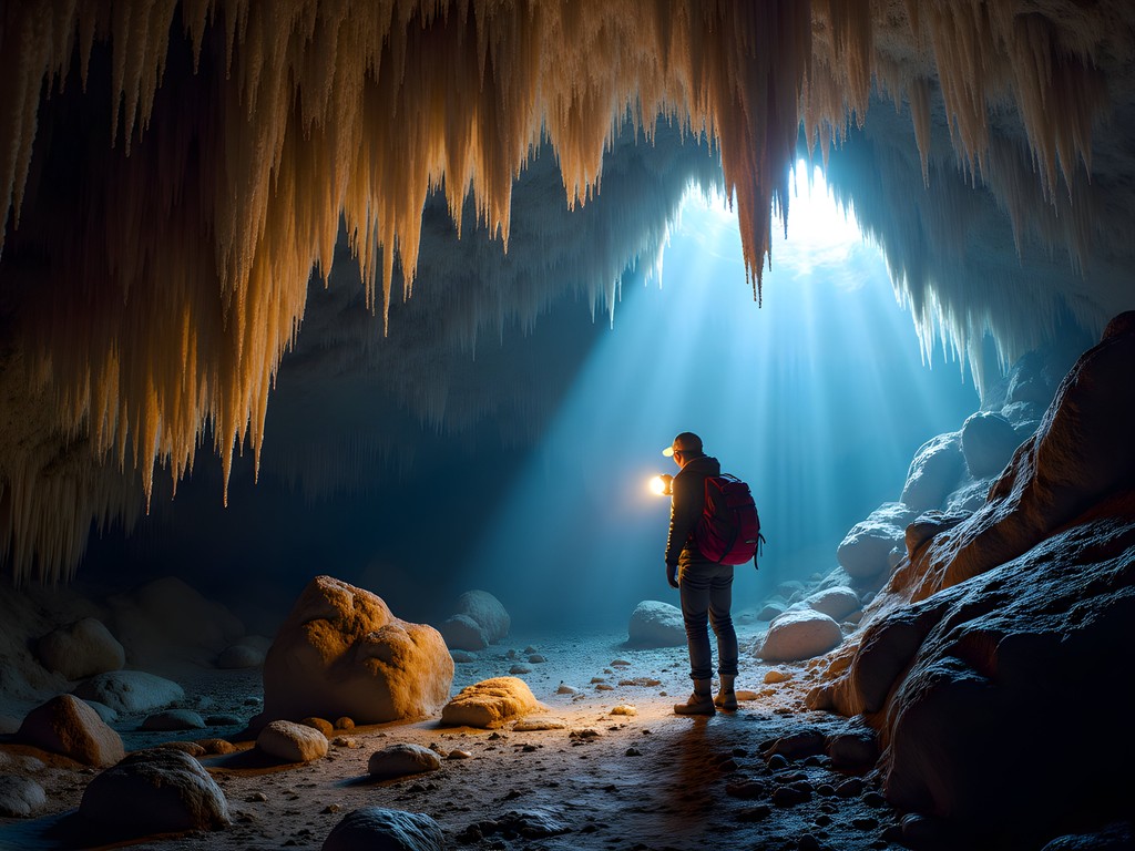 Explorer examining stalactites in Hidden Cave near Fernley, Nevada