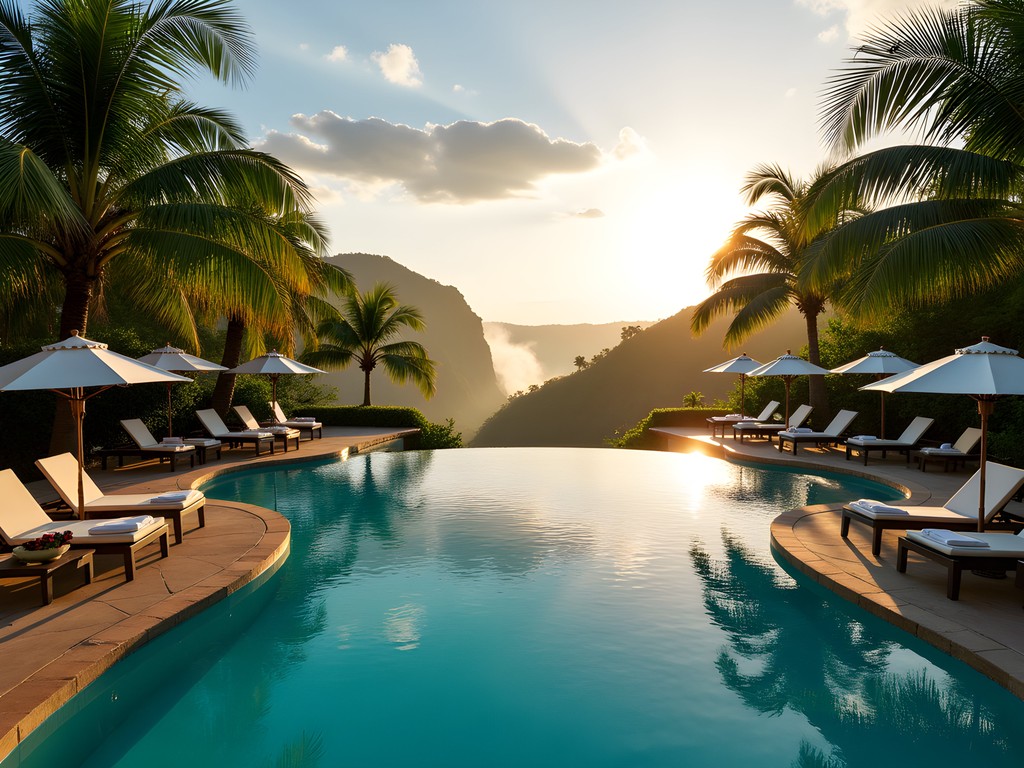 Luxurious hotel pool with tropical landscaping and falls view in distance