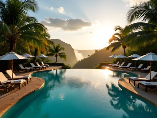 Luxurious hotel pool with tropical landscaping and falls view in distance