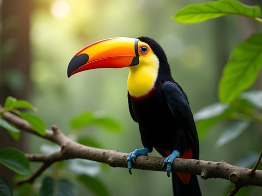 Colorful toucan perched on branch in Iguazu rainforest with lush green background