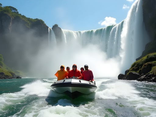 Speedboat approaching the base of Iguazu Falls with excited tourists