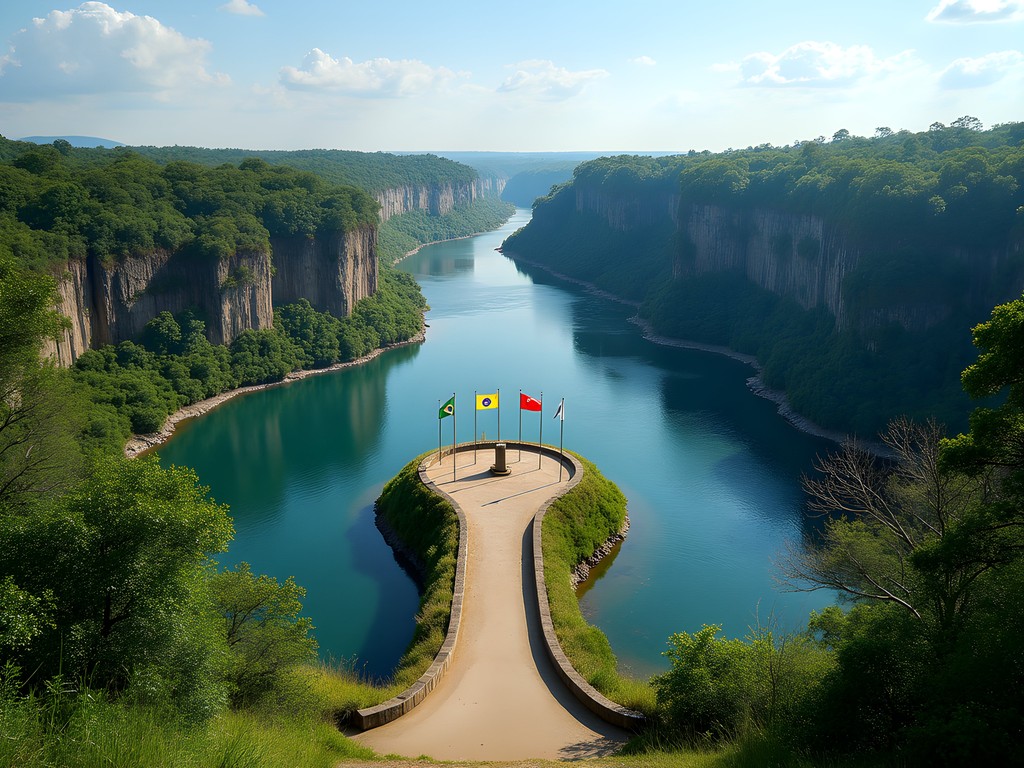 Tri-border landmark where Brazil, Argentina and Paraguay meet with river view